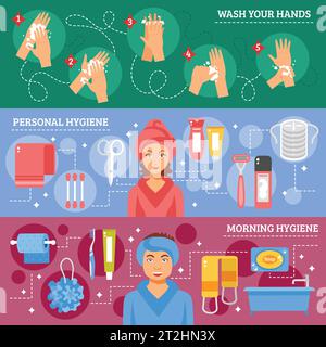 Morning personal hygiene and hands washing procedure inforaphic elements 3 flat banners set abstract isolated vector illustration Stock Vector