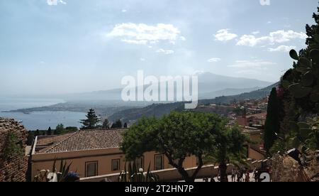 Panoramic view from Taromina - sea, hill  and Mt. Etna Stock Photo