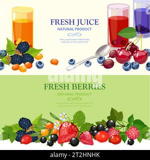 Best wild and garden cultivated berries 2 flat horizontal banners set with tastiest juices abstract isolated vector illustration Stock Vector