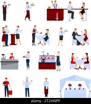 Catering in the restaurant icons set with tables and waiters flat isolated vector illustration Stock Vector