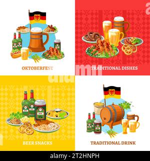 German traditional octoberfest festival 4 flat icons square composition banner with beer snacks abstract isolated vector illustration Stock Vector