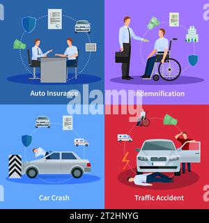 Auto insurance concept with car crash traffic accident and compensation isolated vector illustration Stock Vector