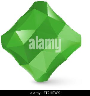 Low Poly Cubical Object, Geometric Wireframe Shape, or Green Crystal Polyhedron with Shadow Effect on White Background Stock Vector