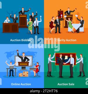 Charity auction online bidding and sale to highest bidder 4 flat icons composition abstract isolated vector illustration Stock Vector
