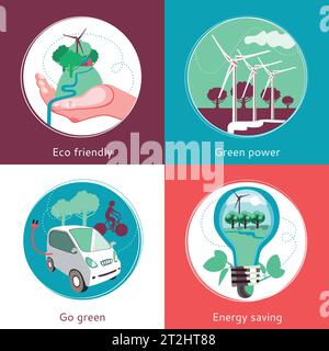 Ecological green energy producing and recycling concept 4 flat icons square composition banner abstract isolated vector illustration Stock Vector