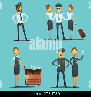 Pilot and stewardess cartoon icons set on blue background isolated vector illustration Stock Vector