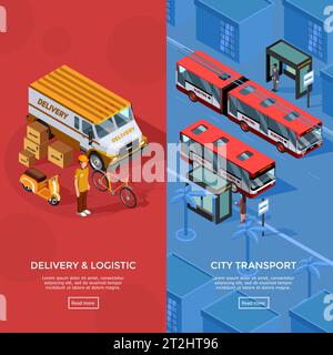 Two vertical isometric transport banners set of city transport and logistic compositions with passengers waiting at bus stop delivery automobile couri Stock Vector