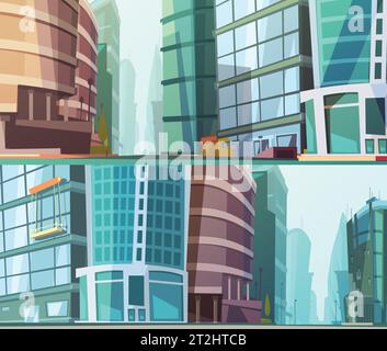 Modern glass walls buildings design street view close up 2 cartoon style banners set abstract vector illustration Stock Vector