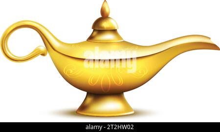 Aladdin yellow iron lamp isolated icon with shadow and ornaments on white background vector illustration Stock Vector