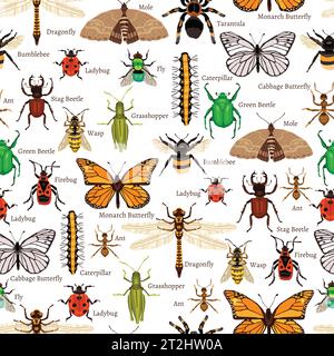 Insects Seamless Pattern. Insects Flat Vector Illustration. Insects Decorative Design.  Insects Elements Collection. Stock Vector