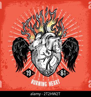 Poster of hand drawn burning heart with wings tattoo on red background vector illustration Stock Vector