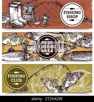 Hand drawn horizontal banners of fishing shop with equipment free fishing area with fishes and club vector illustration Stock Vector