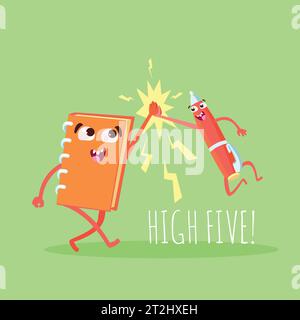 Colorful stationery template with cheerful notebook and pencil on green background isolated vector illustration Stock Vector
