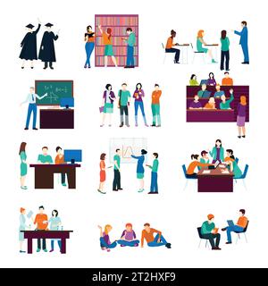 University person collection with learning listening studying discussing reading students in flat style isolated vector illustration Stock Vector