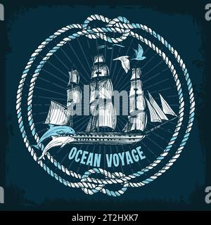 Hand drawn sea background with wheel ship fish gulls and rope knots isolated vector illustration Stock Vector