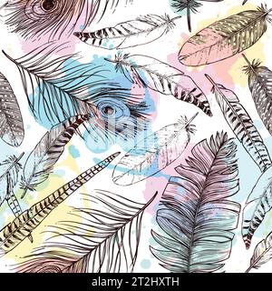 Hand drawn feathers seamless pattern with bird plumes and colorful painting stains vector illustration Stock Vector