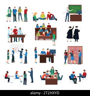 University students set in different situations and activities in flat style isolated vector illustration Stock Vector