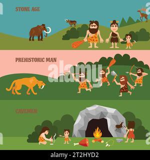 Stone age horizontal banners with hunting  cavemen cave tribe bonfire and animals in flat style vector illustration Stock Vector