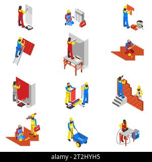 Builder people isometric icons set with equipment and tools isolated vector illustration Stock Vector