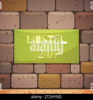 Hostel signboard with address on brick wall of guest house retro background flat vector illustration Stock Vector