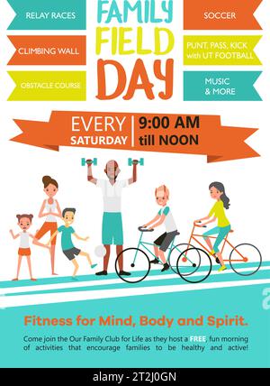 Family fitness template with active healthy sport parents and children in flat style vector illustration Stock Vector