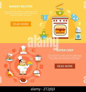 Cooking horizontal banners with home bakery ingredients chef and his tasks in flat style vector illustration Stock Vector