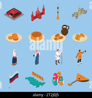 Russia isometric touristic icons set of famous buildings traditional russian cuisine national constumes and symbols isolated vector illustration Stock Vector