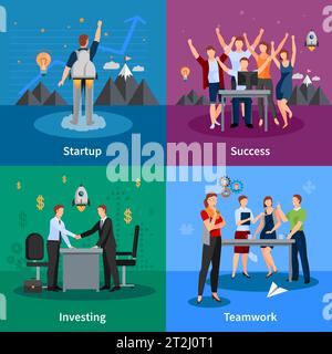 Successful startup concept 4 flat icons square poster with project investing and good teamwork isolated vector illustration Stock Vector