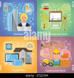 Architect 2x2 design concept set of project plan drafting tools and construction work icons compositions flat vector illustration Stock Vector