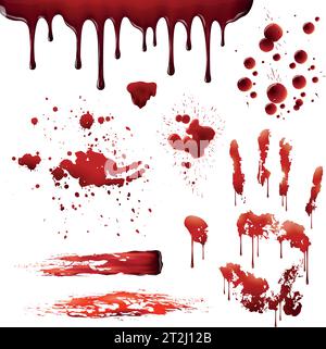 Blood spatters realistic bloodstains patterns set of smears splashes drippings drops and handprint on white background vector illustration Stock Vector