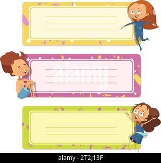 Three horizontal banners set for child notebook cover design with funny kids in cartoon style flat vector illustration Stock Vector