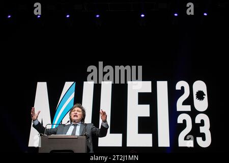 Buenos Aires, Argentina. 18th Oct, 2023. Presidential candidate of the Liberty Advances coalition Javier Milei reacts during a campaign rally. Argentine presidential candidate Javier Milei of the Liberty Advances coalition attends the closing event of his electoral campaign ahead of the presidential election. Credit: SOPA Images Limited/Alamy Live News Stock Photo