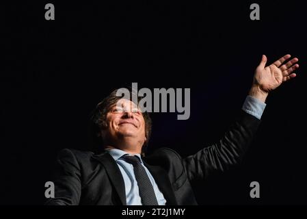 Buenos Aires, Argentina. 18th Oct, 2023. Presidential candidate of the Liberty Advances coalition Javier Milei reacts during a campaign rally. Argentine presidential candidate Javier Milei of the Liberty Advances coalition attends the closing event of his electoral campaign ahead of the presidential election. Credit: SOPA Images Limited/Alamy Live News Stock Photo