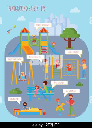 Playground infographics with flat colorful cartoon childrens playground urban scenery people characters and rectangular thought bubbles vector illustr Stock Vector