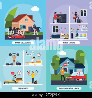 Conflicts with neighbors concept icons set with music lovers and trash collectors symbols flat isolated vector illustration Stock Vector