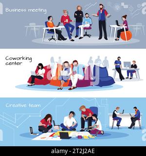 Coworking people horizontal banners with business meating coworking center and creative team compositions flat vector illustration Stock Vector