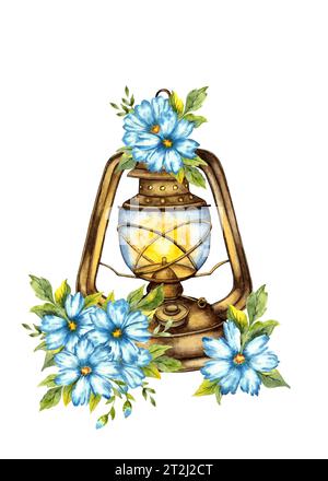 Watercolor illustration of a retro lantern and blue flowers. Vintage clipart. Composition for the design of souvenirs, postcards, posters, banners, me Stock Photo