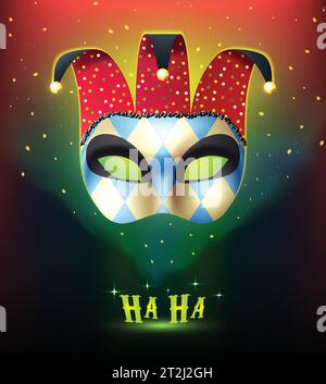 Masquerade background with realistic joker mask splendid on colorful stellar background with cartoon style mysterious lights vector illustration Stock Vector