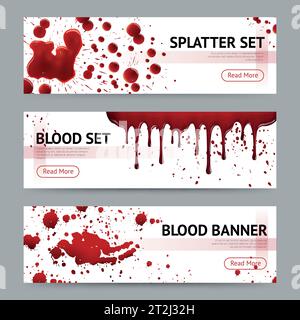 Blood splatters sets realistic 3 horizontal banners webpage design with read more button grey background isolated vector illustration Stock Vector