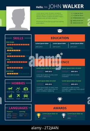 Resume page design with skills hobbies and education symbols flat vector illustration Stock Vector