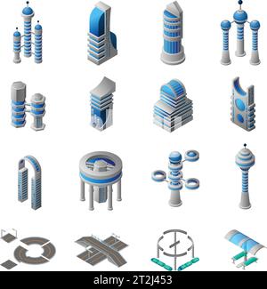 Future city isometric icons set of conceptual building of futuristic construction and architecture isolated vector illustration Stock Vector