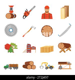 Sawmill timber flat isolated icons set with professional equipment tools and goods images on blank background vector illustration Stock Vector