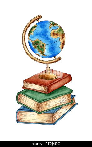 Globe and Books. Watercolor illustration of a stack of geography ...