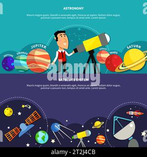 Astronomy horizontal banners set with satellite system symbols flat isolated vector illustration Stock Vector