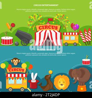 Circus entertainment  and trained animals horizontal banner set flat isolated vector illustration Stock Vector