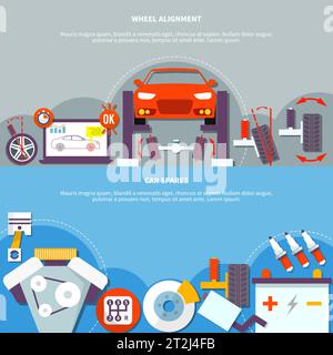 Two horizontal banner on auto service theme with wheel alignment and car spares design compositions flat vector illustration Stock Vector