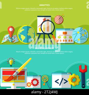 Seo horizontal banners with search optimization network location icons and flat maintenance goal and idea symbols vector illustration Stock Vector