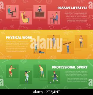 Three horizontal banners set with physical work and sport activities with human character icons and text vector illustration Stock Vector