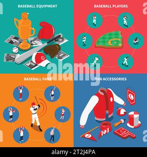 Baseball isometric concept with players and sports equipment game fans and their accessories isolated vector illustration Stock Vector