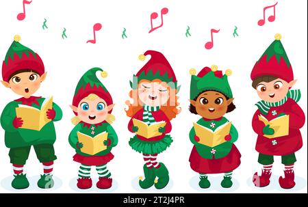 Kids in elfes costumes going Christmas caroling flat vector illustration Stock Vector